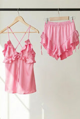 Rosy Ruffle Satin Set