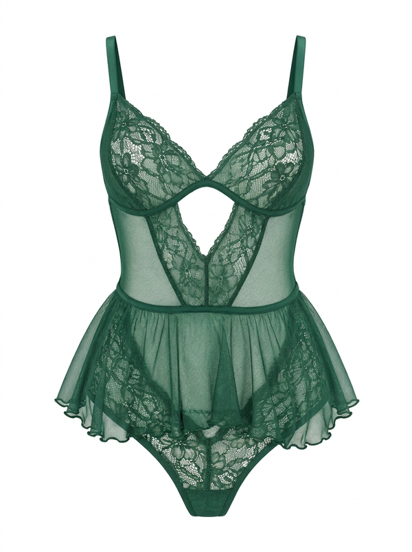 Floral Lace Bodysuit - Deep Green / S
